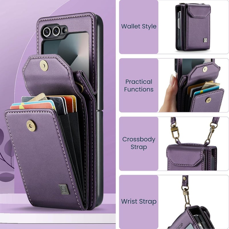 ASAPDOS Crossbody Case Compatible with Samsung Galaxy Z Flip 6/Z Flip 7 FE,Retro PU Leather Strap Wristlet Flip Case with Magnetic Closure and Card Holder for Men Women Purple - Image 2